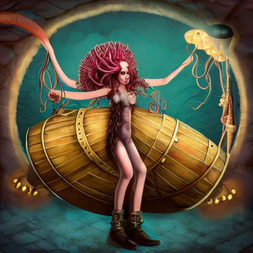 Prompt: fantasy steampunk giant Squid woman frantically playing a huge drum set with tentacles undersea dystopian photorealistic spotlight
