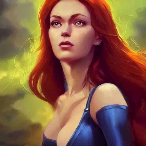 Prompt: jean grey, a half body of jean grey, comic, x - men, highly detailed, artstation, digital painting, vivid colors, realistic shaded perfect face, soft lighting, atmospheric, cinematic, moody, in the style of krenz cushart, oil on canvas, 8 k