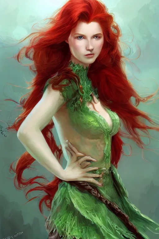 Image similar to beautiful cute red haired joyful and playful 1 9 year old maiden standing up in a green dress, long hair, sci - fi, fantasy, intricate, elegant, digital painting, artstation, concept art, smooth, 8 k frostbite 3 engine, ultra detailed, art by artgerm and greg rutkowski and magali villeneuve