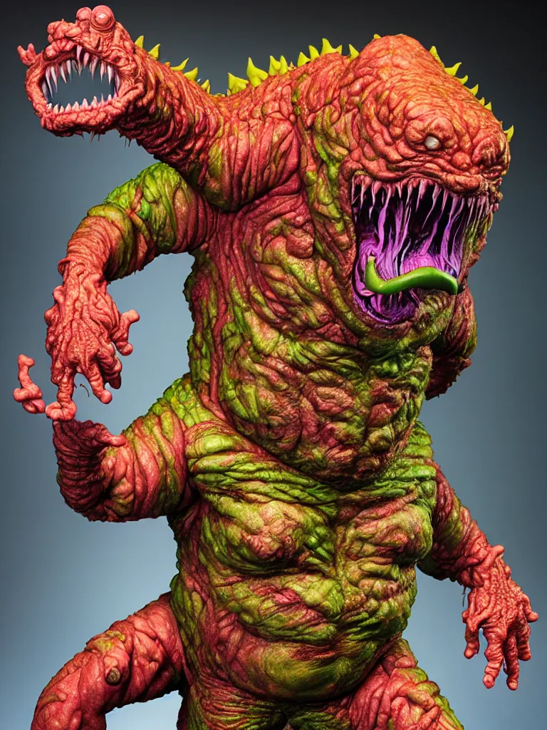 Prompt: hyperrealistic rendering, fat cronenberg flesh monster smooth kaiju by art of skinner and richard corben and jeff easley, product photography, action figure, sofubi, studio lighting, colored gels, rimlight, backlight