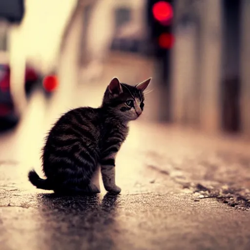 Prompt: a kitten crying on the street at dusk while it's raining, realistic photo,4K