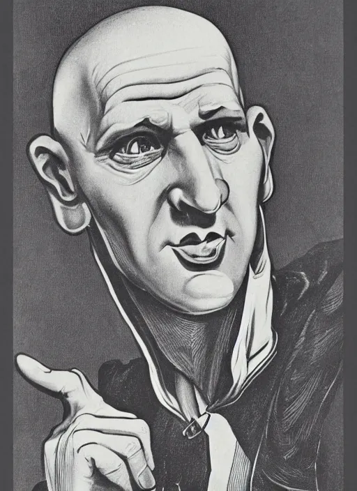 Image similar to portrait of glamorous bald medieval man with big nose and annoyed gesture, 1940s propaganda poster, full hd,highly detailed