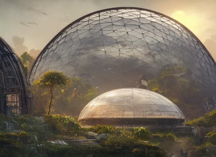 Image similar to highly detailed digital matte painting of a beautiful biodome, by Raphael LaCoste and Ruan Jia and Robert McCall, postcyberpunk, geodesic dome, hyperdetailed, sunrise, wide shot, autochrome, octane render