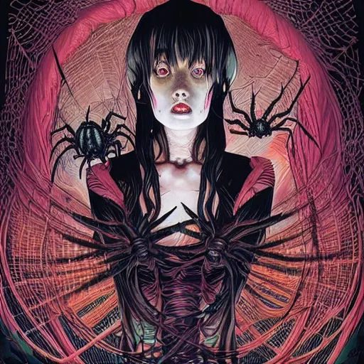 Prompt: portrait of crazy dark girl with spiders around, symmetrical, by yoichi hatakenaka, masamune shirow, josan gonzales and dan mumford, ayami kojima, takato yamamoto, barclay shaw, karol bak, yukito kishiro