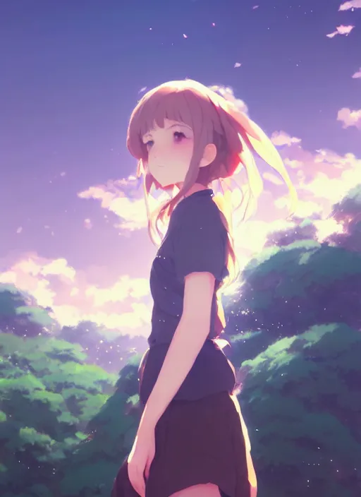 Image similar to portrait of cute girl, cloudy sky background lush landscape illustration concept art anime key visual trending pixiv fanbox by wlop and greg rutkowski and makoto shinkai and studio ghibli