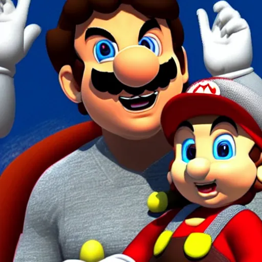 Image similar to a large super mario smiling while holding a screaming crying kid in his arms