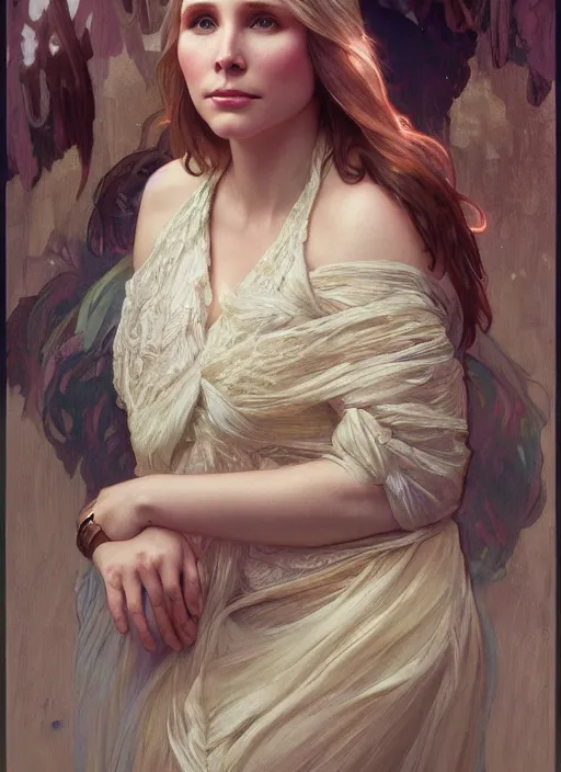 Image similar to beautiful portrait of thick chonky kristen bell, soft features, by magali villeneuve and greg rutkowski and artgerm and alphonse mucha and jeremy lipkin and rob hay, intricate, elegant, highly detailed, photorealistic, trending on artstation, trending on cgsociety, 8 k, sharp focus