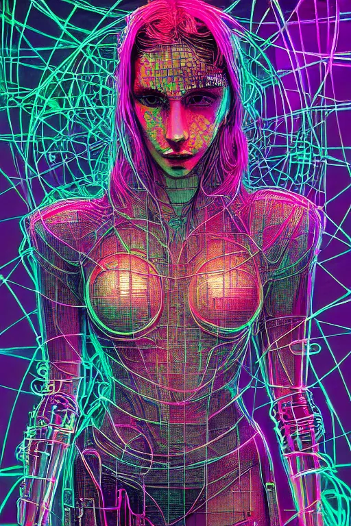 Image similar to dreamy cyberpunk girl, neon leather, detailed acrylic, wireframe fractals, intricate complexity, by dan mumford and by alberto giacometti, peter lindbergh