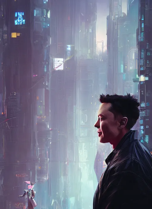 Prompt: a beautiful portrait of elon musk in cyberpunk city. character design by cory loftis, fenghua zhong, ryohei hase, ismail inceoglu and ruan jia. artstation, volumetric light, detailed, rendered in octane