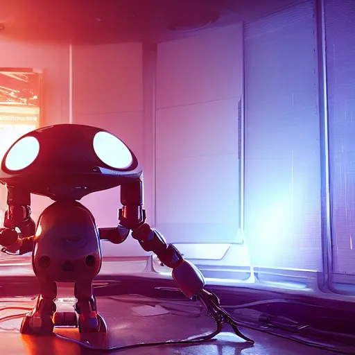 Image similar to an alien robot in a dirty room with a video screen : : octane render : : sunny, hyper details, photorealistic, cinematic, epic, intricate details,