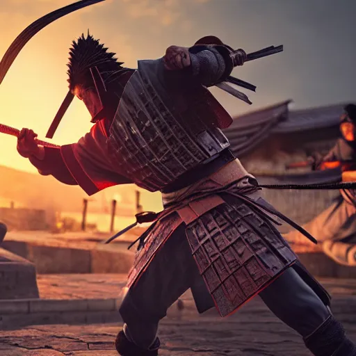 Image similar to photo of an action fight scene between a samurai and a ninja, unreal engine, hyper realistic, high detail, cinematic, magic, japan, temples, beautiful lighting, smoke, fire, lightning,