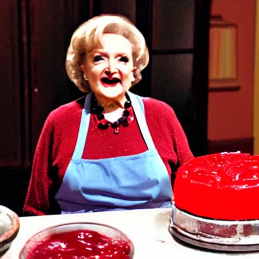 Prompt: betty white baking a cake horror atmospheric red jelly fog eldritch nightmare