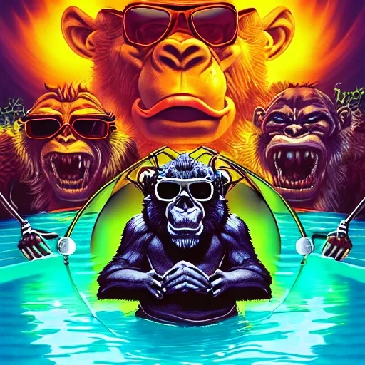 Prompt: barong family member in water pool party, wearing ray - ban sunglasses and headphones, wiwek, mara demon, dark, gorilla, tribals, inner glow, art by dan mumford and justin gerard