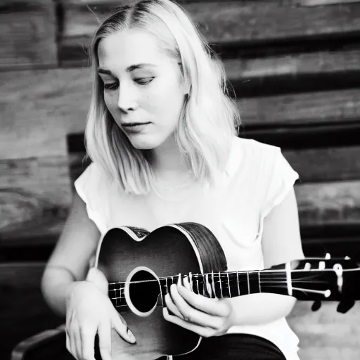 Prompt: Phoebe Bridgers playing a ukulele, black and white photo