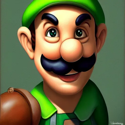 Image similar to luigi from super mario as realistic human character art portrait, matte fantasy painting, deviantart artstation, by jason felix by steve argyle by tyler jacobson by peter mohrbacher, cinema c 9. 0