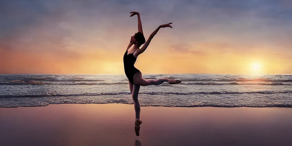 Prompt: a beautiful ballet dancer on a beach at sunrise, cinematic angle, studio Ghibli, volumetric lighting, breathtaking, beautiful composition, intricate, elegant, digital art, detailed, oil painting, hyperrealistic, sharp focus, 8k