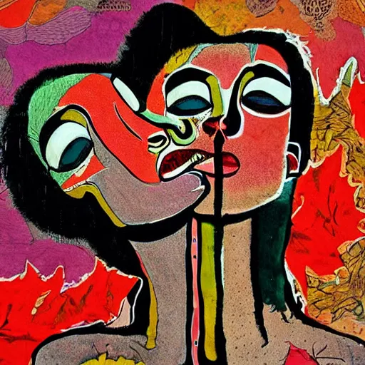 Prompt: beautiful painting of two bizarre psychedelic women kissing each other closeup in tokyo in autumn, speculative evolution, mixed media collage by basquiat and junji ito, magazine collage art, paper collage art, sapphic art, lesbian art