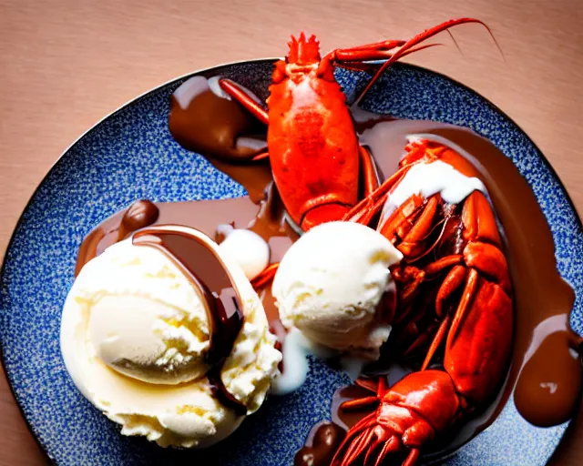 Image similar to dslr food photograph of vanilla ice cream with a crawfish, some chocolate sauce, 8 5 mm f 1. 4