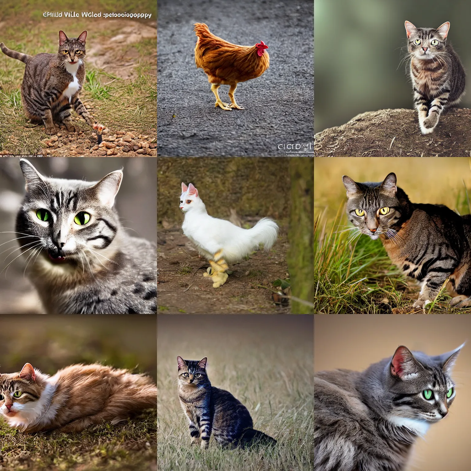 Prompt: hybrid of a cat and a chicken, wild species photography, natural lighting, award-winning, highly-detailed