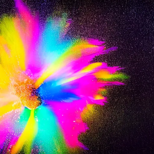 Prompt: A centered explosion of colorful powder on a black background