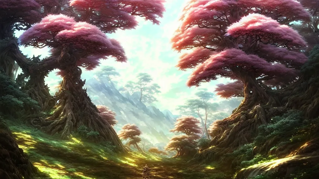 Download Anime Landscape Forest Trees And River Wallpaper | Wallpapers.com
