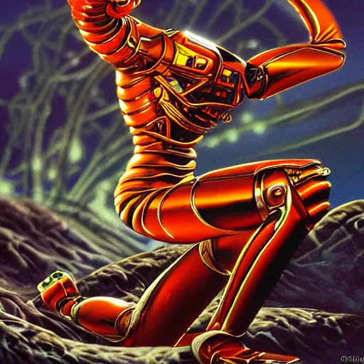 Image similar to bionic scorpion, art by peter lloyd, 1 9 8 0's art, retro art, airbrush style, art by hajime sorayama, intricate, elegant, sharp focus, illustration, highly detailed, concept art, matte, sharp focus, illustration, highly detailed, h 8 0 0