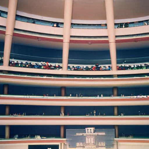 Image similar to Visitors inside the Palast der Republik, German Democratic Republik 1987, color photography, Sigma 85 mm