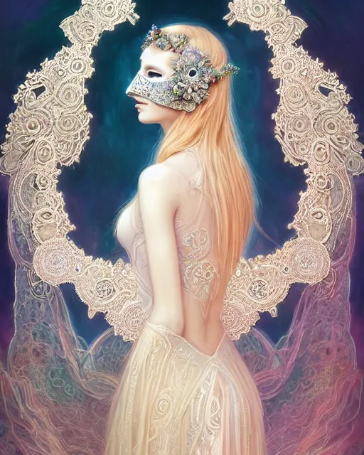 Image similar to beautiful ethereal maiden in a ivory masquerade mask intricate ornate fractal-lace and gemstones, wearing stunning ivory dress, subdued pastel color palette, full view, soft lighting, vivid, Hyperdetailed, 4k hd matte painting by Artgerm, Greg Rutkowski, Klimt, James Jean, 8k resolution, enchanting and otherworldly, Artstation, CGsociety, detailed, front view