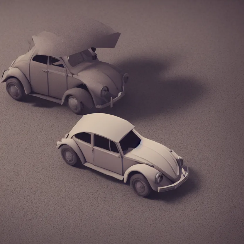 Image similar to a low poly render of a VW Beetle on a bookshelf, octane render, unreal engine 5, high quality