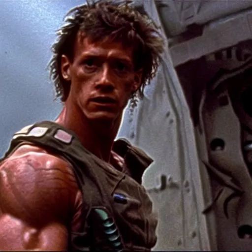 Image similar to tall muscular soldier with rock skin, still from the movie aliens
