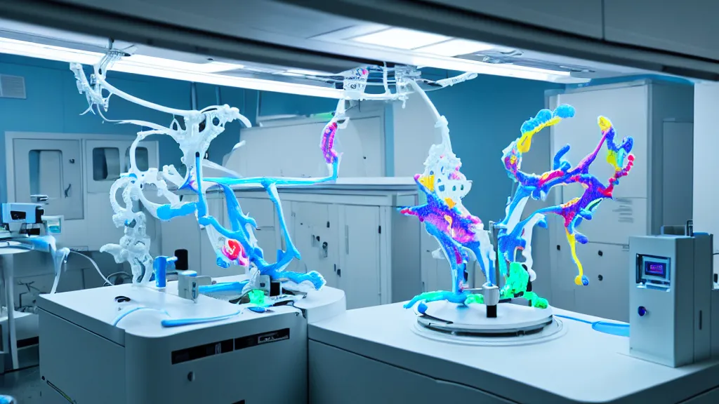 Image similar to a complex bifurcated surgical arm hybrid mri 3 d printer machine making colorful mutant forms with control panels in the laboratory inspection room, film still from the movie directed by denis villeneuve with art direction by salvador dali, wide lens