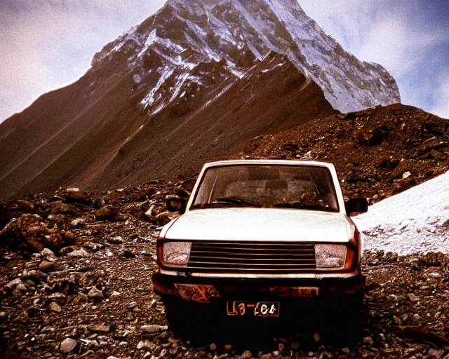 Image similar to a lomographic photo of old lada 2 1 0 7 standing on top of the mount everest, cinestill, bokeh