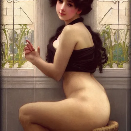 Image similar to ! dream artgerm, william - adolphe bouguereau style, long shot of big sun with one beautiful girl sitting in a corner of an art nouveau style conservatory, intricate, elegant, highly detailed, one woman, 1 9 2 0's style speakeasy, digital painting, artstation, concept art, smooth, sharp focus, illustration,