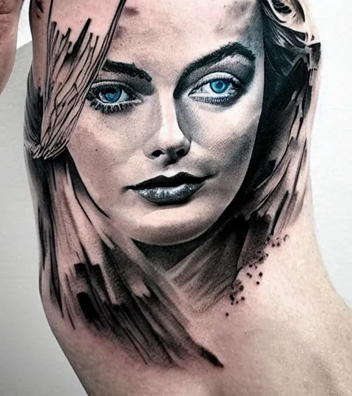 Image similar to beautiful durrealist double exposure tattoo sketch of margot robbie and beautiful mountains mash up, in the style of matyas csiga halasz, amazing detail, sharp