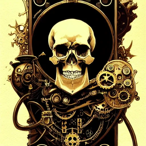 Prompt: skull, steampunk, black paper, gold details, tarot card, by peter mohrbacher, by marc simonetti, by mike mignola, detailed, intricate ink illustration 7 0 4
