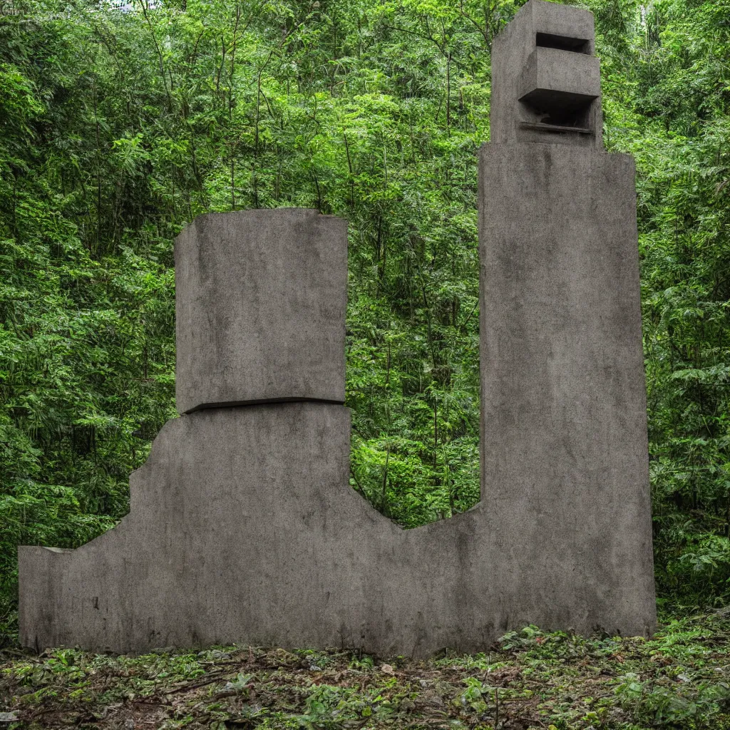 Image similar to Abandoned soviet monument in a rainforest, overcast, long shot, Sigma 100mm