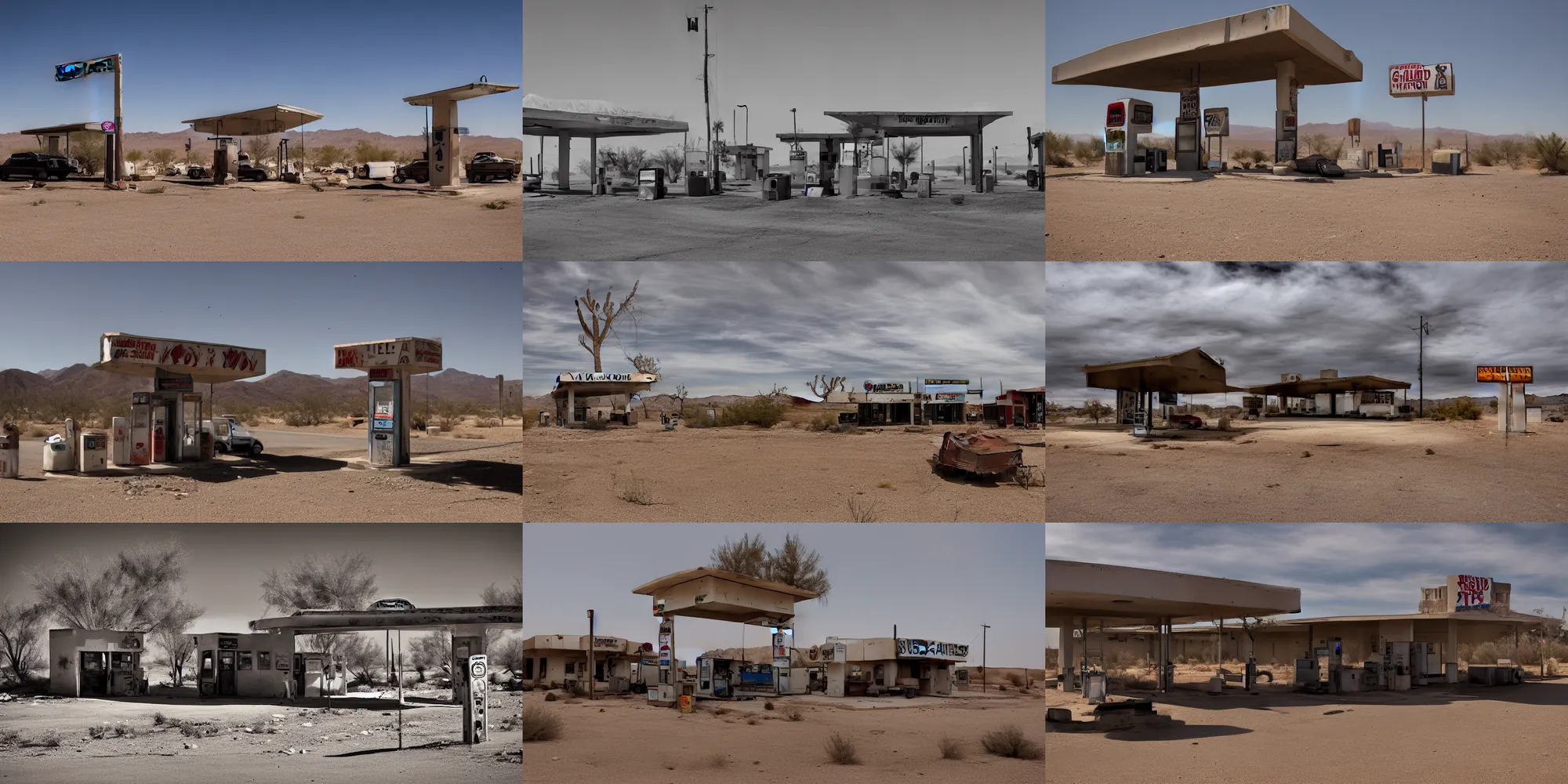 Prompt: a hillbilly gas station in the desert, abandoned, loneliness, ominous, eerie, horror