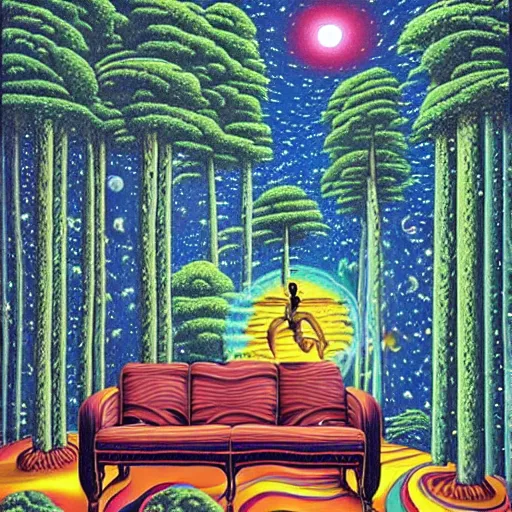 Prompt: psychedelic trippy river water pine forest, planets, milky way, sofa, cartoon by rob gonsalves