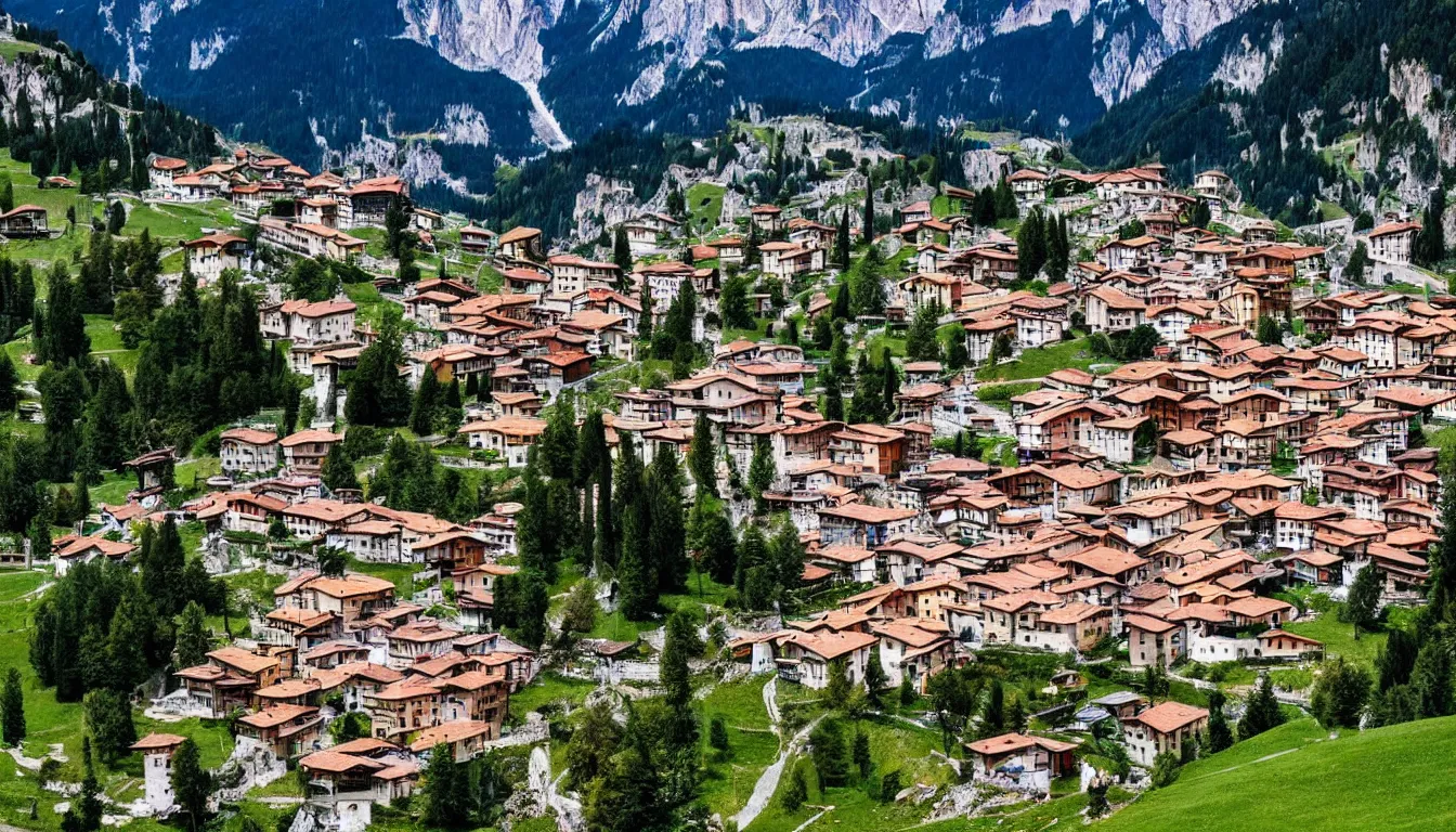 Image similar to an italian town in the dolomites mountains