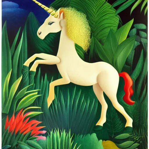 Prompt: A unicorn walking over a rainbow in the jungle by Henri Rousseau, trending on artstation