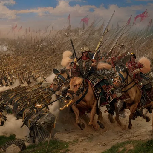 Prompt: an extremely detailed matte painting the winged hussars charging ottoman artillery, chaotic gun fire, heroic charge, last stand, 8 k, sharp focus, ultrawide lens, aerial photography, art by greg rutkowski and alphonse mucha