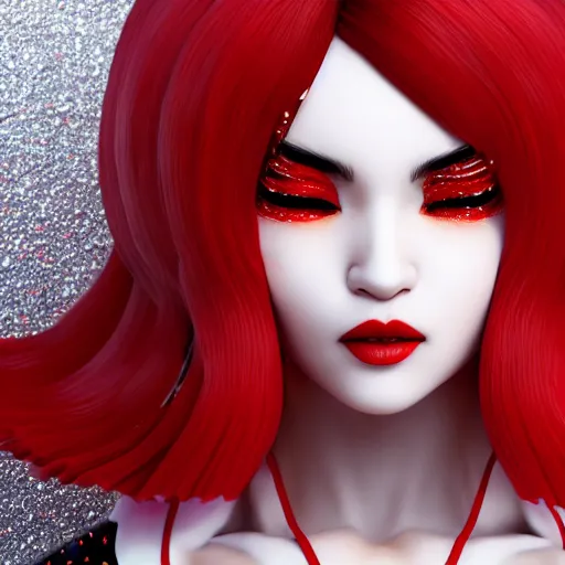 Image similar to kitsune woman fancy haircut, full body, intrincate,unreal engine octane, red and white, glitter, depth of field, 8k, hyper detailed, trending on artstation