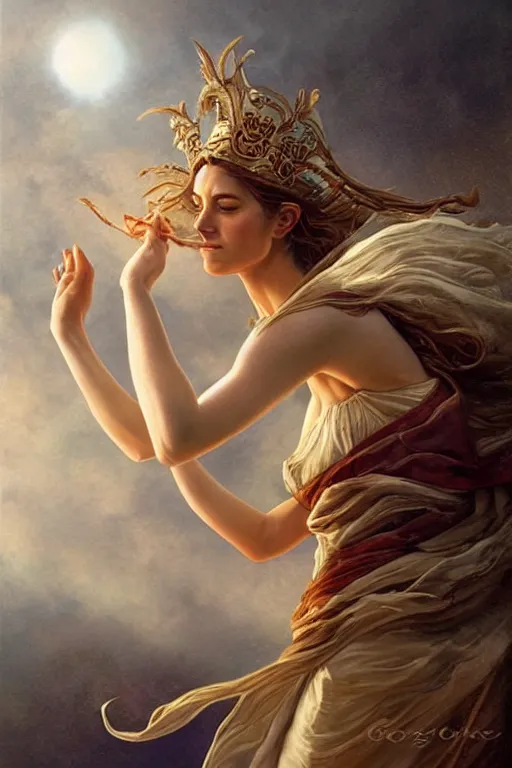Prompt: goddess athena dancing in the wind, beautiful face, ethereal, gorgeous, volumetric lighting, elegant, fluid, highly detailed, digital painting, concept art, highly detailed, smooth, illustration, limited color palette, atmosphere and tension, art by greg olsen and liz lemon swindle