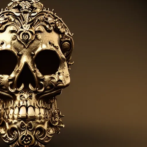 Prompt: a beautiful, ornate and intricate rococo skull with silver and gold details, 4k, octane render, vray, unreal engine, photorealistic