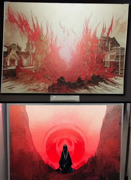 Image similar to view through window! nosferatu, red splash aura in motion, church! floating pieces, painted art by tsuyoshi nagano, greg rutkowski, artgerm, alphonse mucha, spike painting