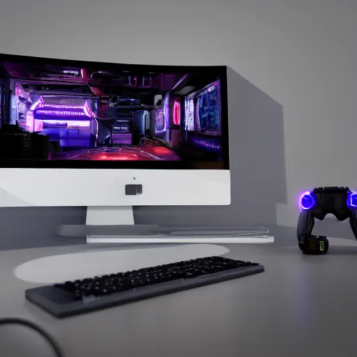 Prompt: gaming setup from future, cyberpunk style, product photo, octane render, ray tracing, unreal render, ultra detail, no noise, isometric, full view