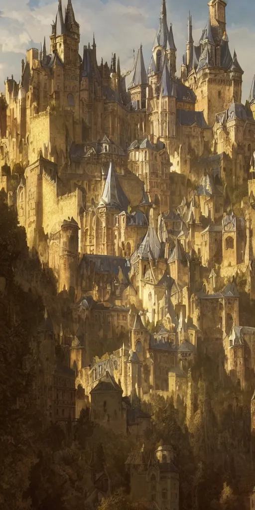 Prompt: medieval gothic city with castle on top of the hill, symetrical, very detailed, beautiful, intricate, cinematic, artstation, william bouguereau, alphonse mucha, greg rutkowski, highly detailed 4 k art, sharp focus, smooth, hd