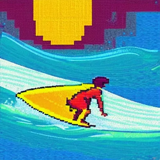 Prompt: a surfer. sun and sea. colorful. pixelart.