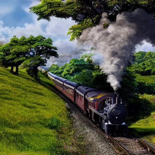 Image similar to steam train going through the countryside towards a distant city, anime, by makoto shinkai, steam train, landscape