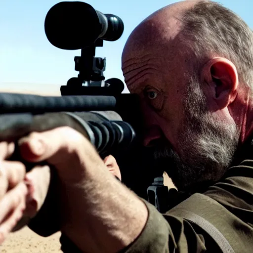 Image similar to Film still of Mike Ehrmantraut in American Sniper aiming with a sniper rifle, 4k, highly detailed